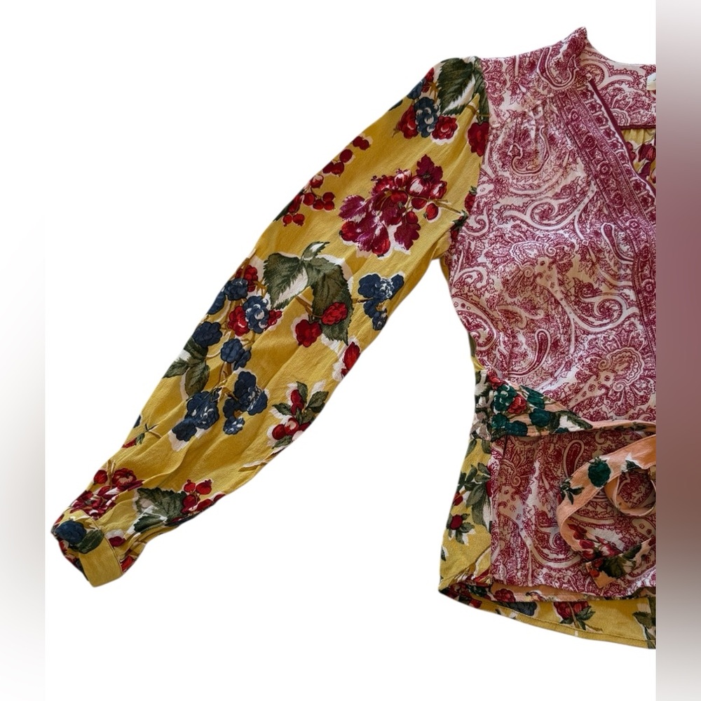 Anthropologie Meadow Rue Floral Patchwork Wrap Blouse - Yellow, Pink, Black - Picture 7 of 16